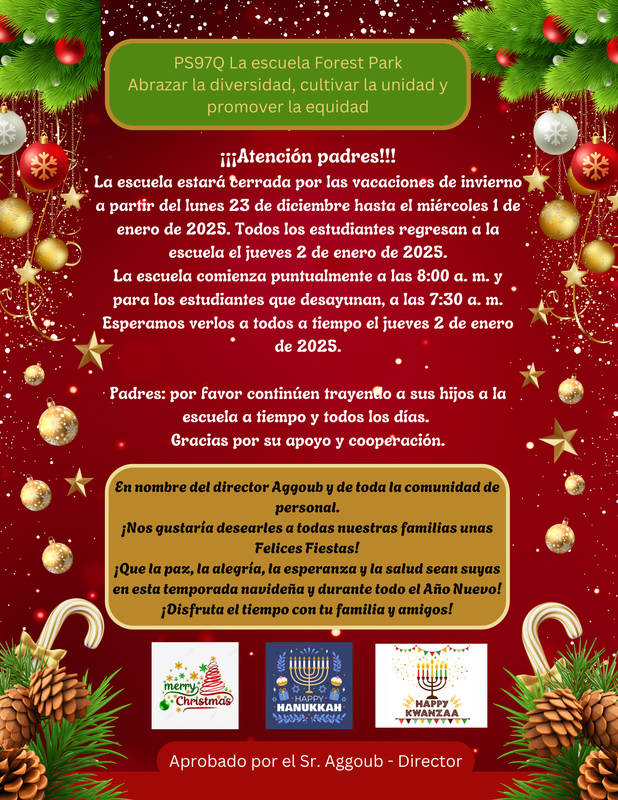 A colorful holiday announcement flyer with festive decorations and important school information.