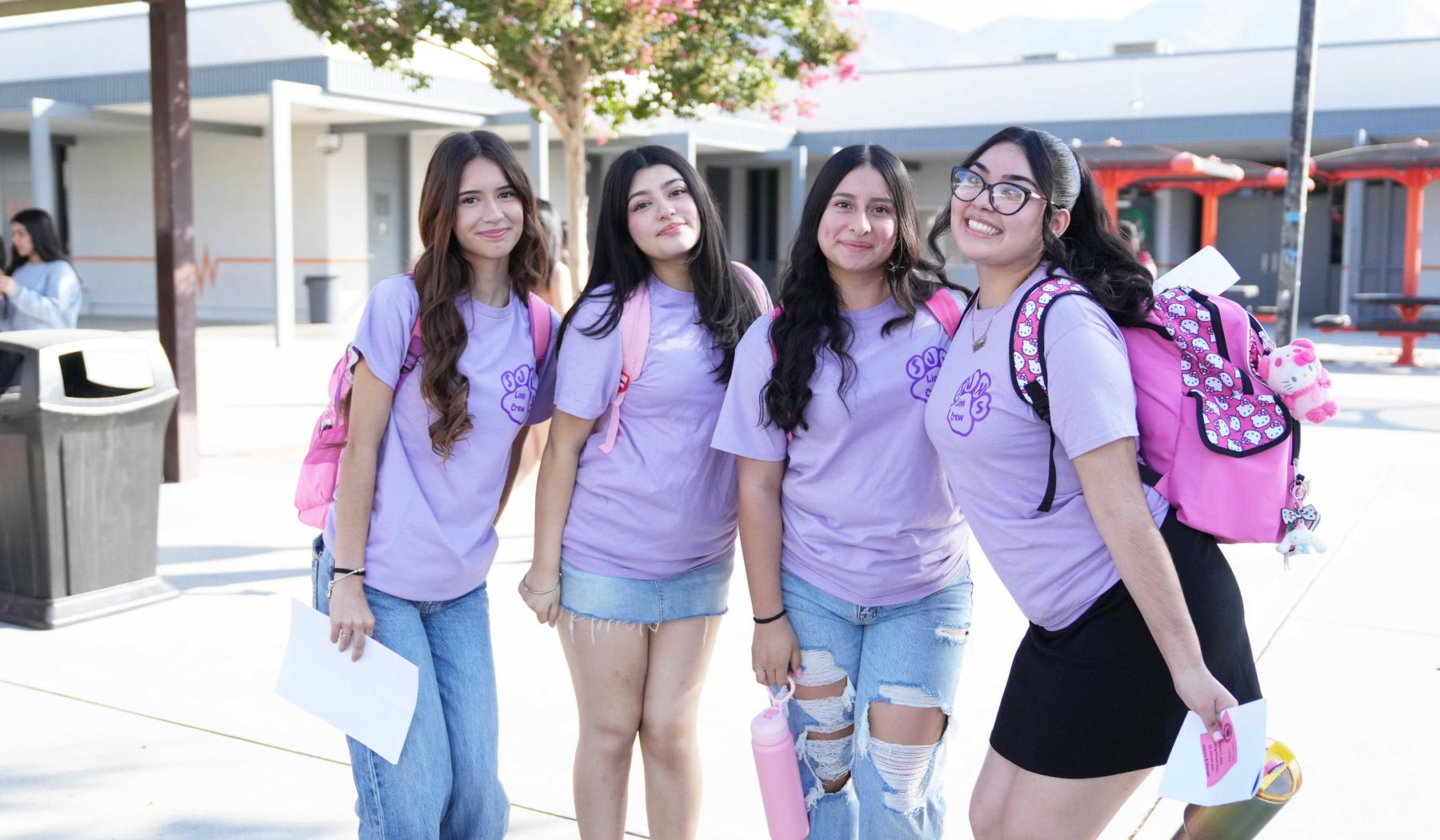 four girls wearing purple link crew t-shirts