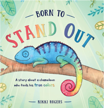 colorful book cover with a rainbow chameleon on a branch