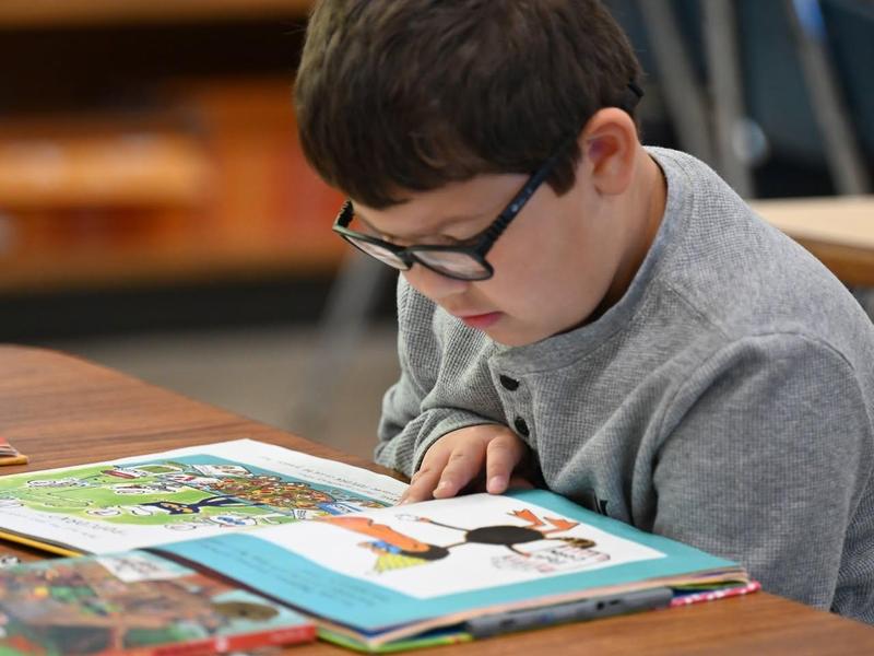A boy reading a colorful book at a desk in a classroom.
