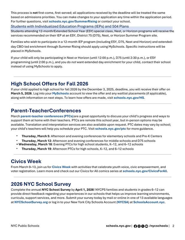 Message to Our Families. Latest updates in NYC Public Schools. March 2026. English 2
