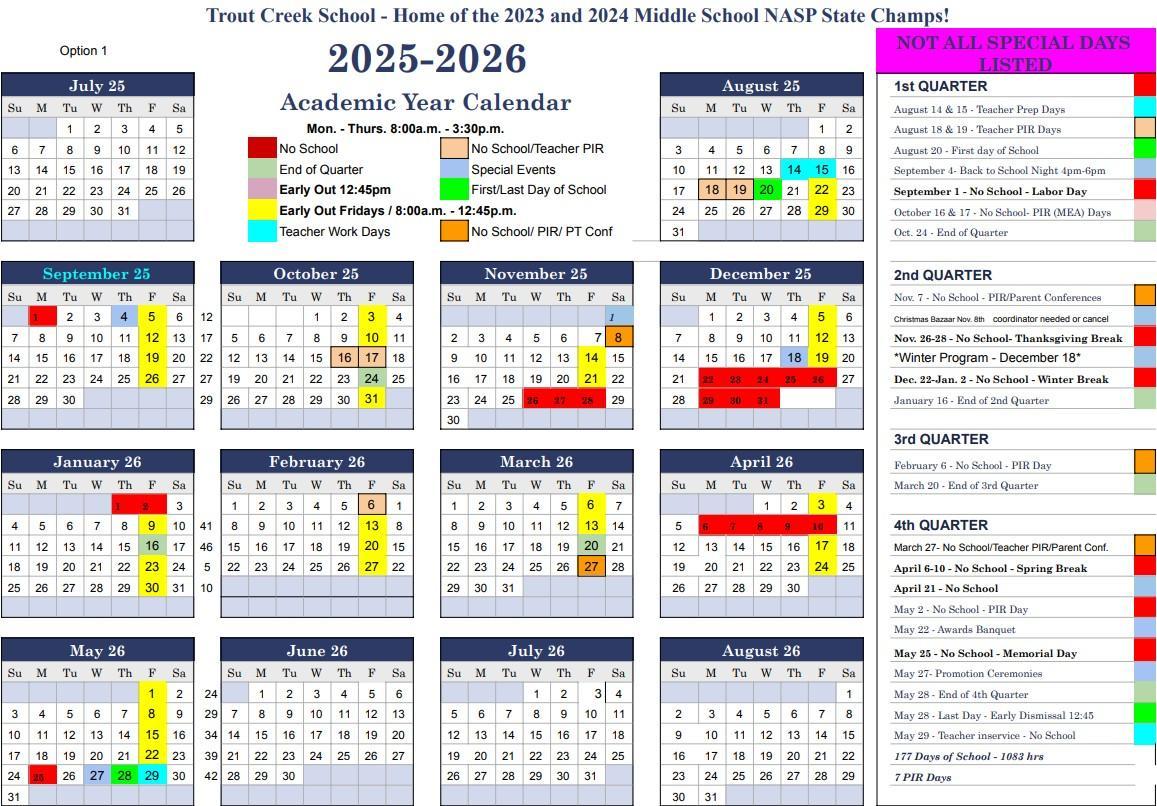 Academic calendar for Trout Creek School, showing events from 2025 to 2026.