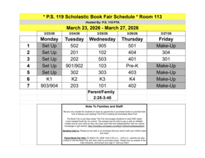 PS 119 Scholastic Book Fair Schedule March 2026