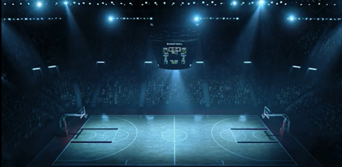 Basketball arena scoreboard showing Home 75, Guest 92 in the final quarter.