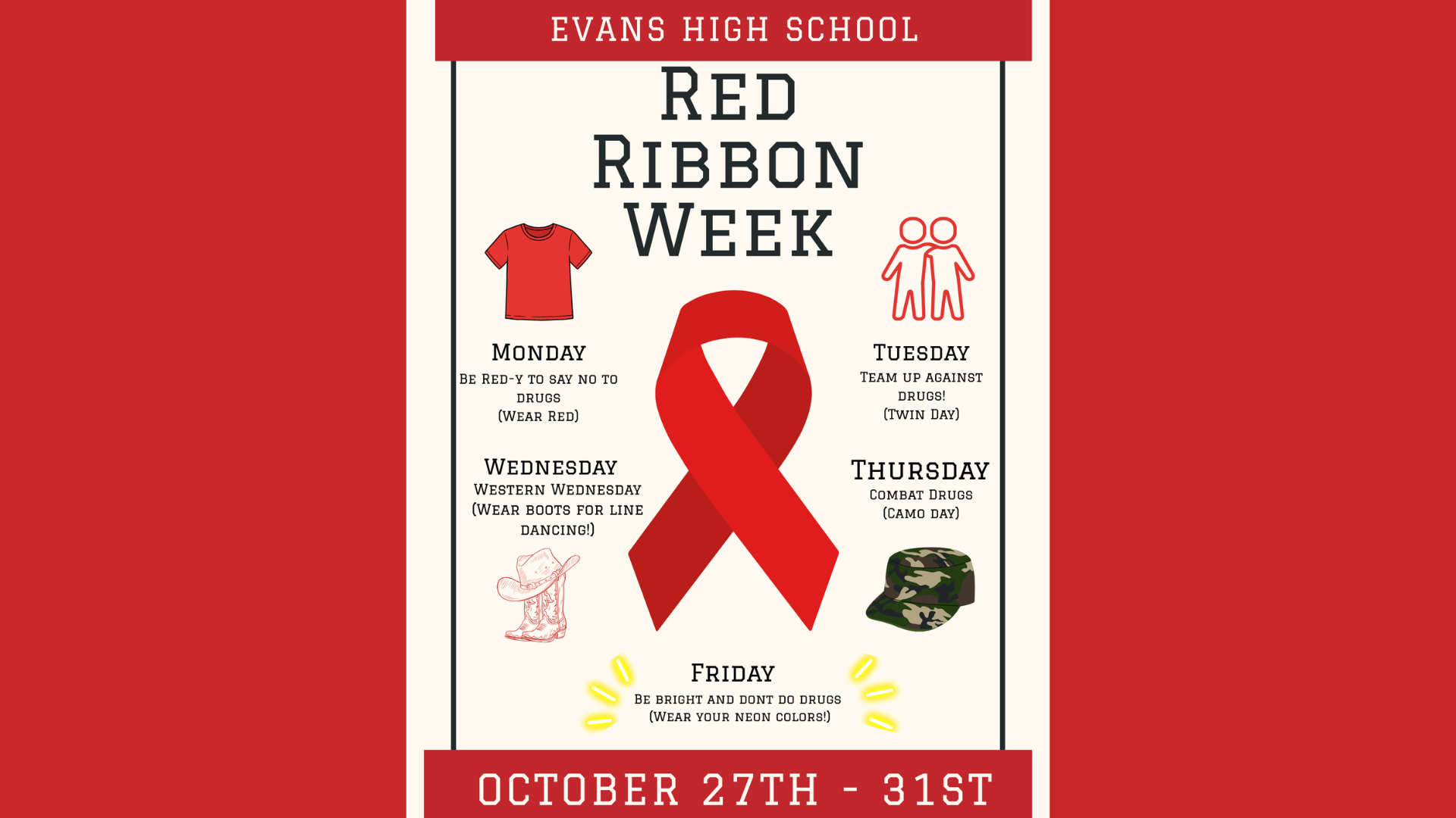 Red Ribbon Week poster featuring schedule and themed days with red ribbon icon.