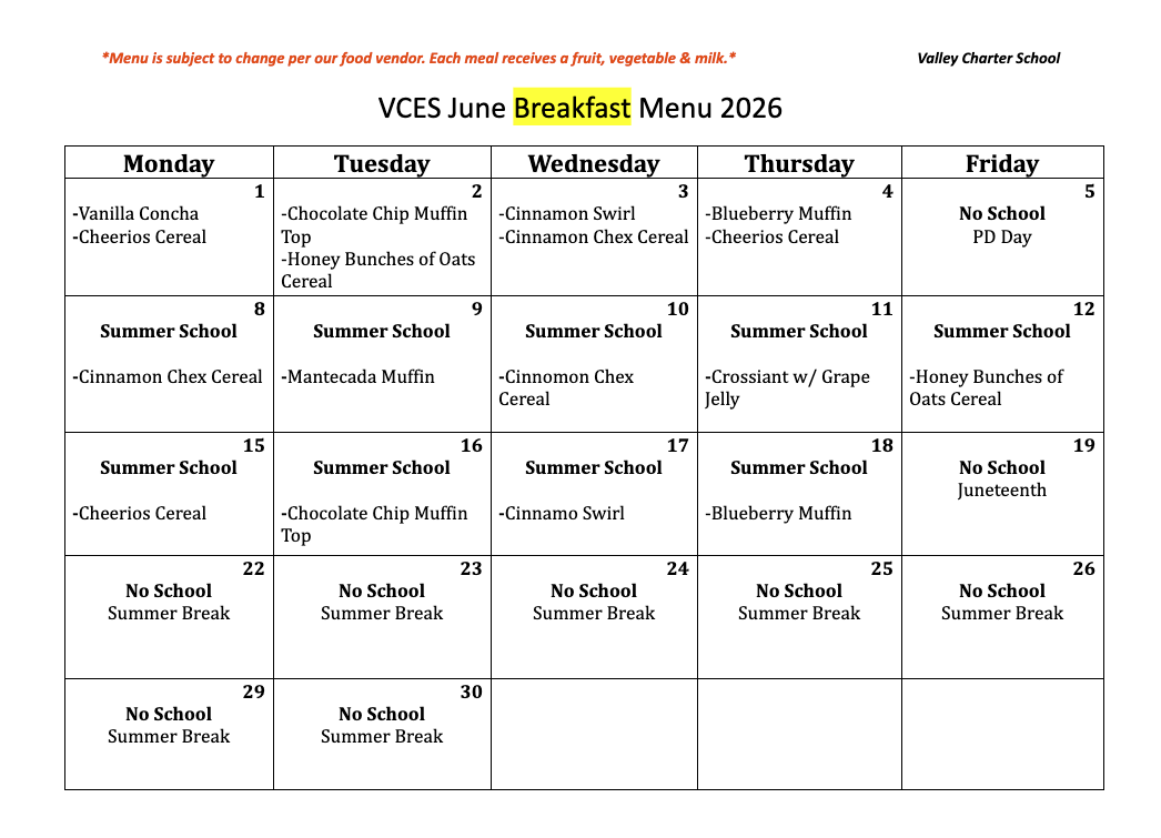 valley charter elementary school monthly breakfast menu