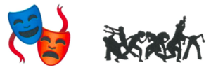 Illustrations of 2 theatre masks and a group of dancers
