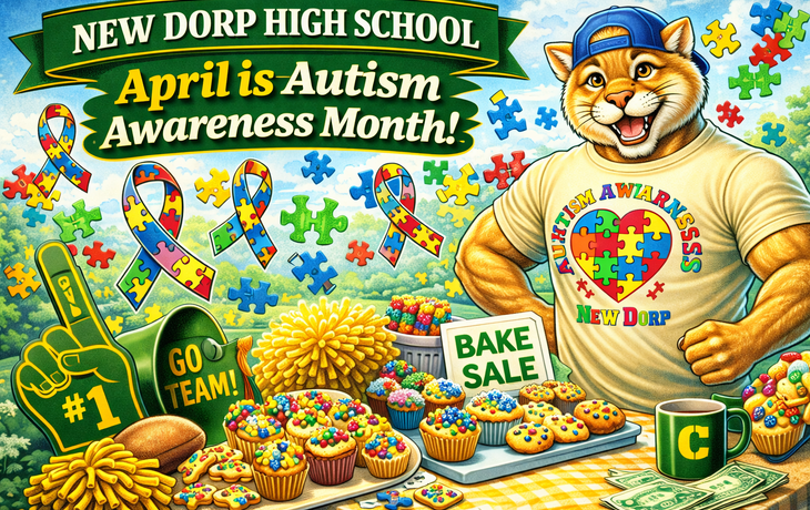 New Dorp High School. April is Autism Awareness Month! Has our school colors: green and gold, our school mascot the cougar (a little bit muscular) in a shirt with the attached graphic with a blue baseball cap, put autism awareness ribbons, puzzle pieces, included spirit items and a bake sale elements