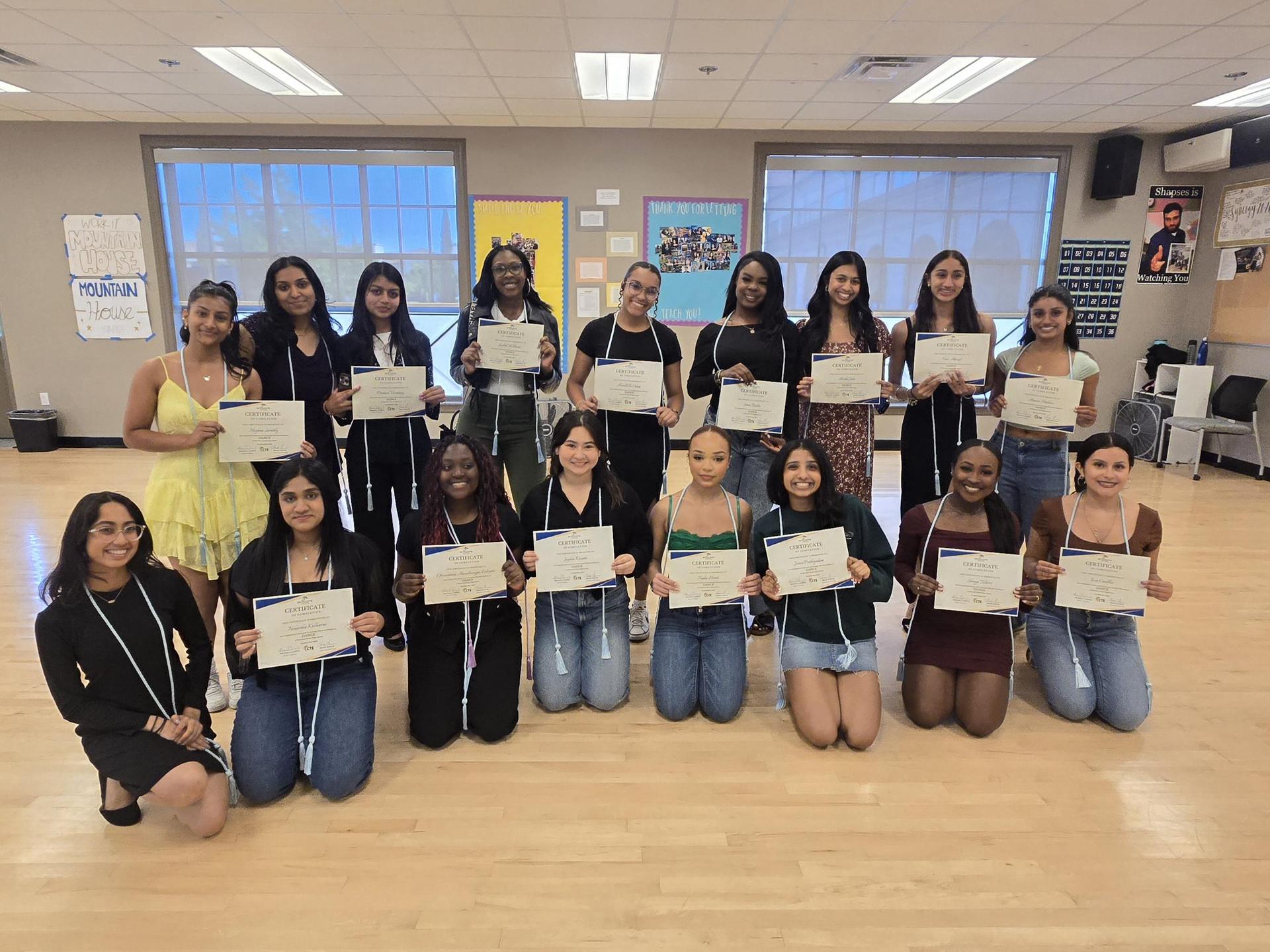 Students from the class of 2025 and 2026 completing the CTE dance pathway and received their certificate and cord for graduation.