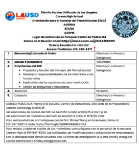 School Site Council Orientation 9/11/25 at 4:30pm