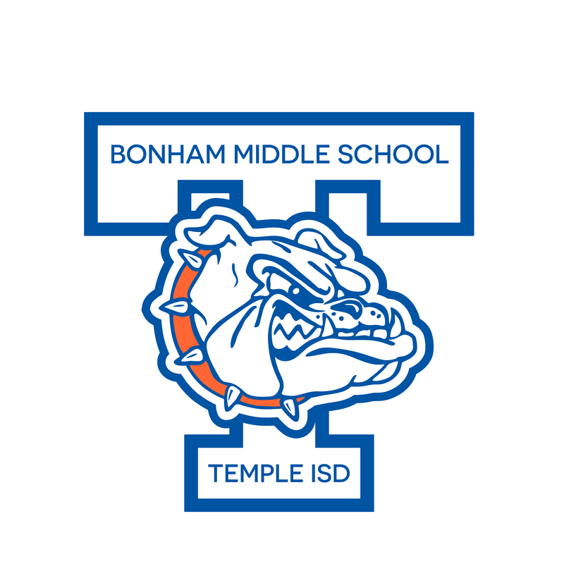 Bonham logo - blue, white, and orange with bulldog in center of Temple T