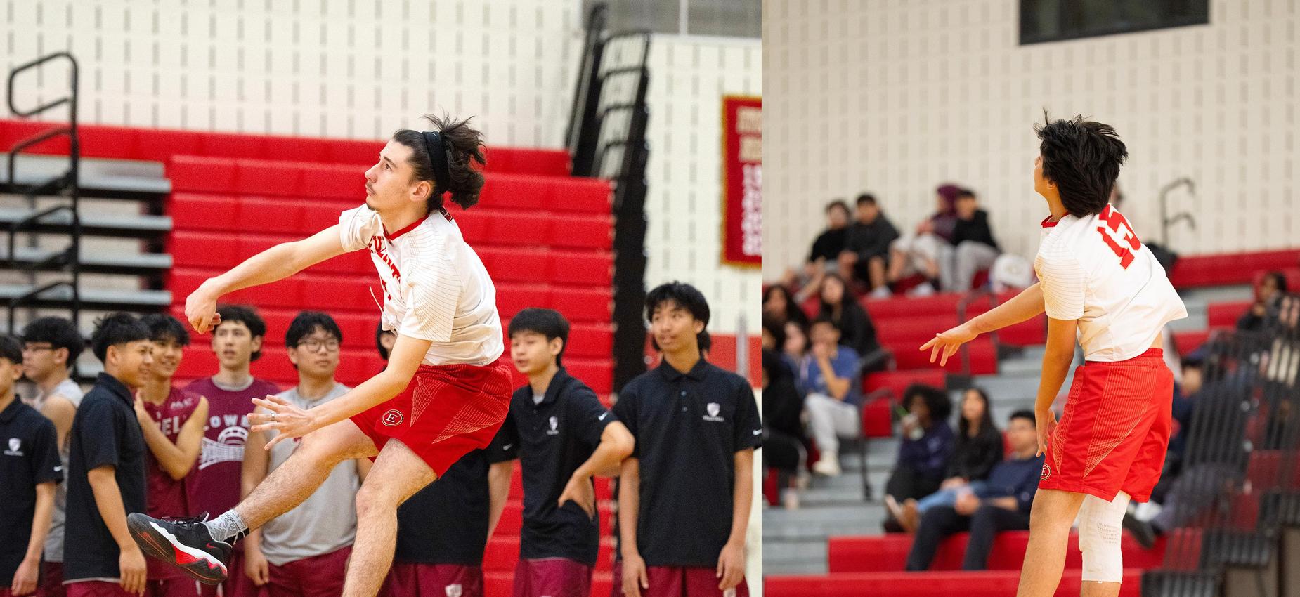 A volleyball player jumping to serve, with teammates in the background.