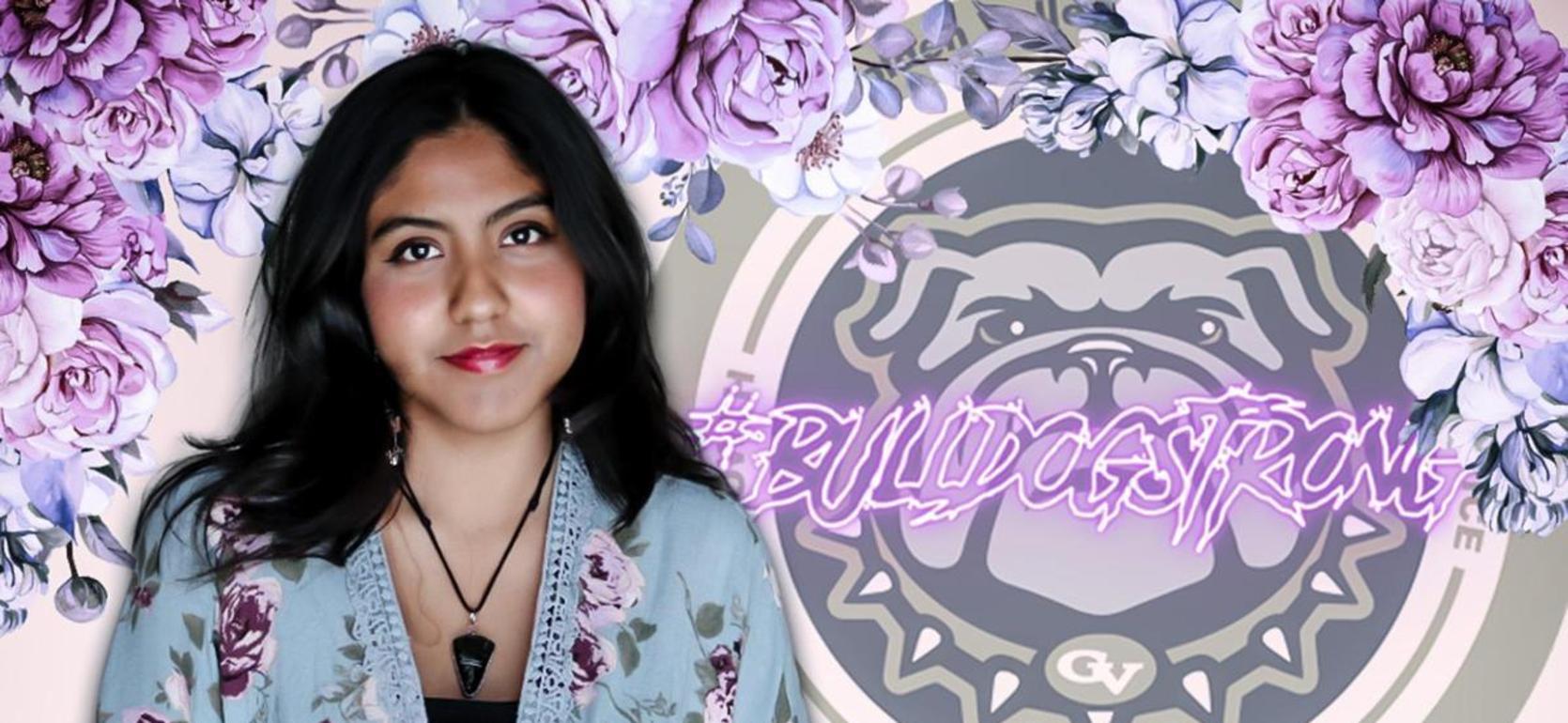 Young woman in floral kimono with a logo and text overlay.