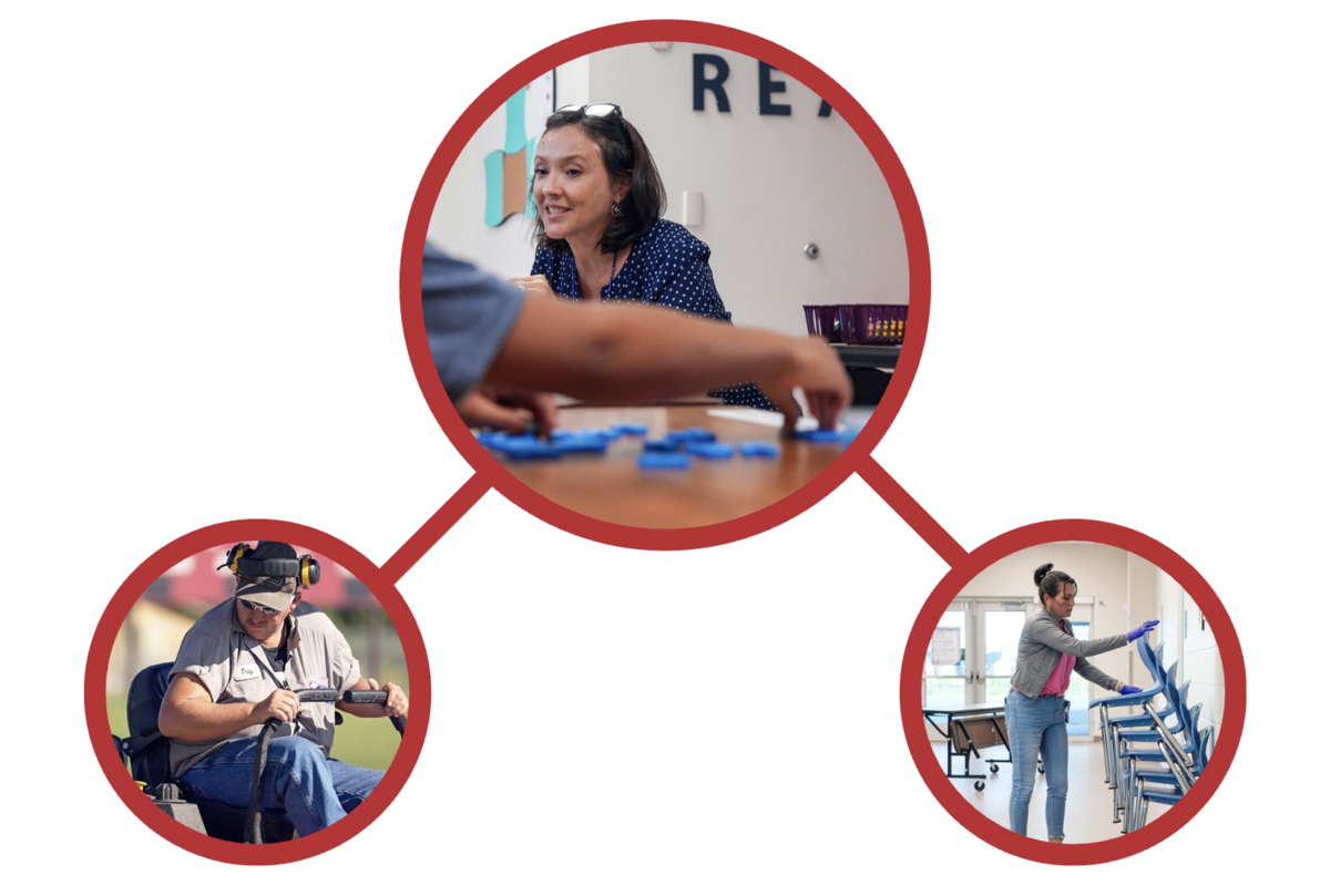 photo graphic with an image of a custodian, maintenance worker and teacher