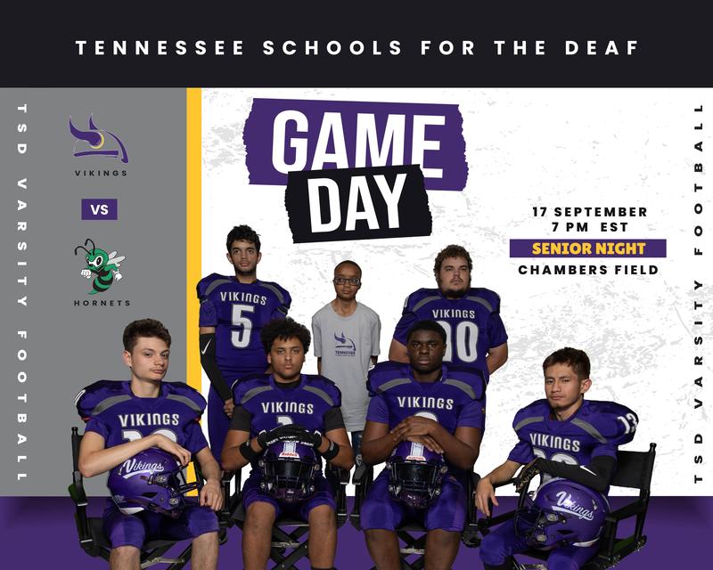Football team members in uniforms pose for Game Day announcement.