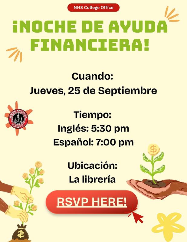 Folleto de la Noche de Ayuda Financiera. Imágenes de dinero creciendo en plantas. Todo el texto en la publicación adjunta.