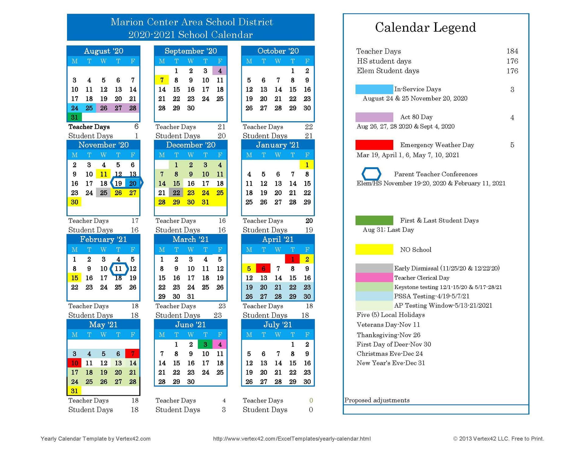2019-2020 School Calendar – About Us – Marion Center Area School District
