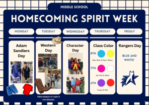 Schedule for Homecoming Spirit Week with themed days and dress colors.