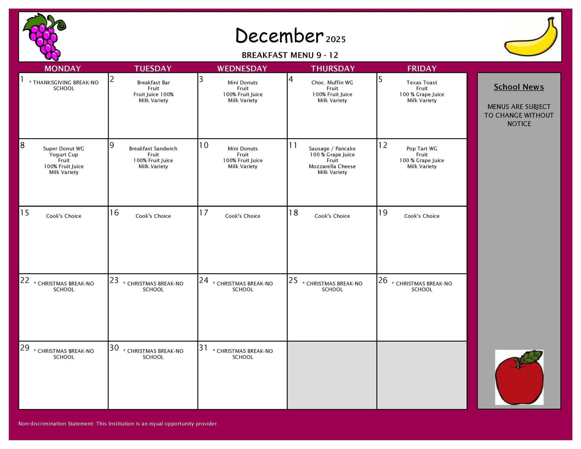 December Breakfast Menu 9-12