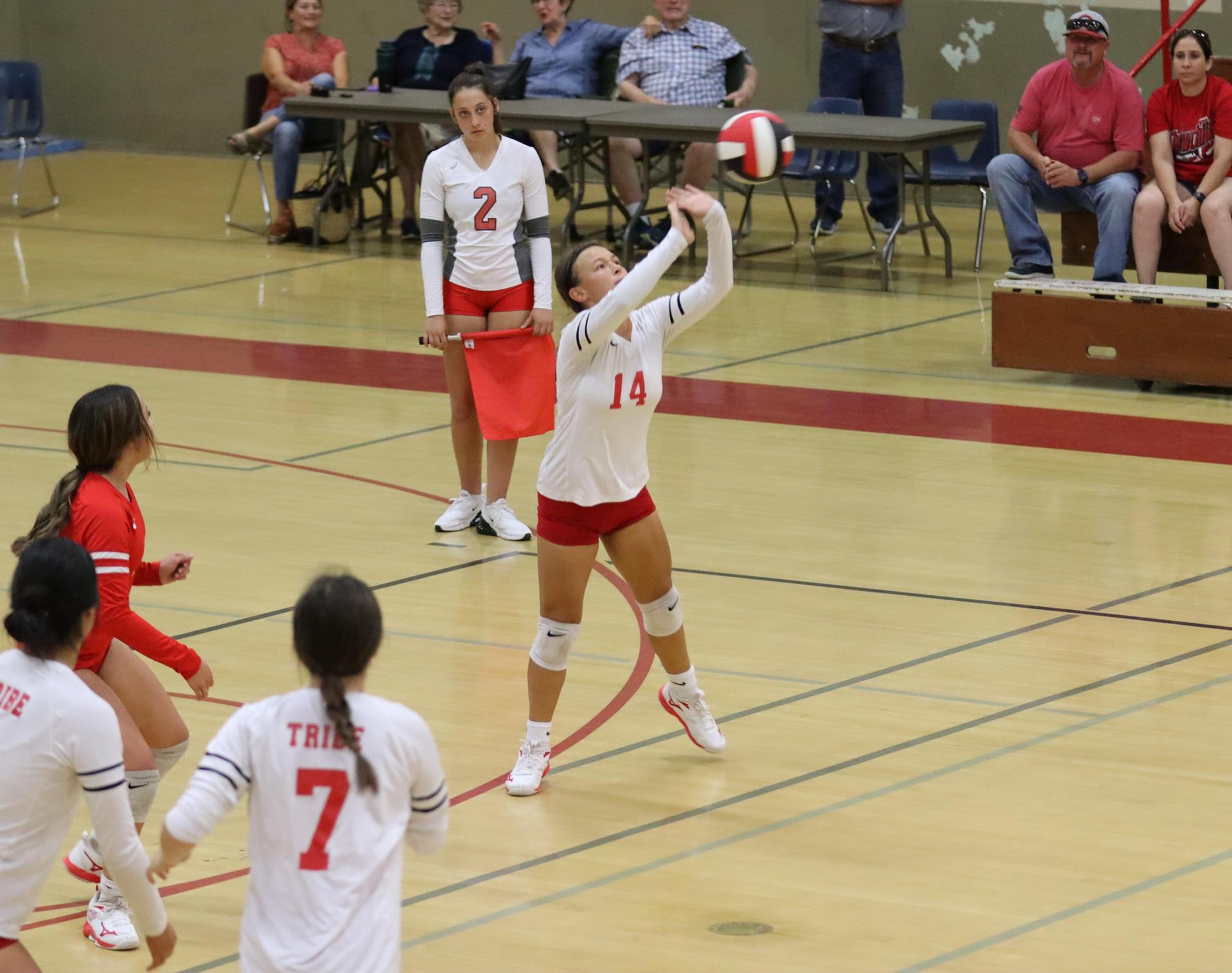 varsity volleyball players in action against liberty