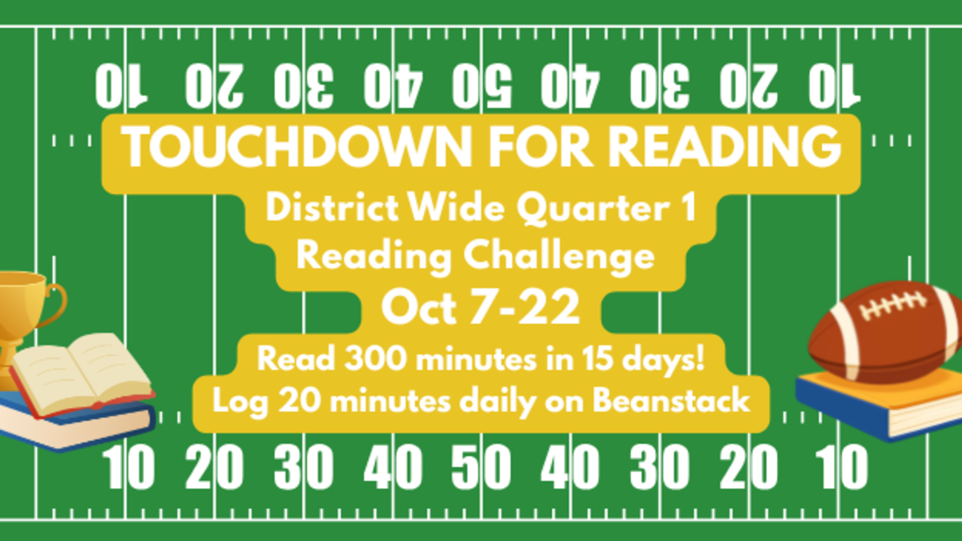 Reading challenge announcement on a football-themed background.