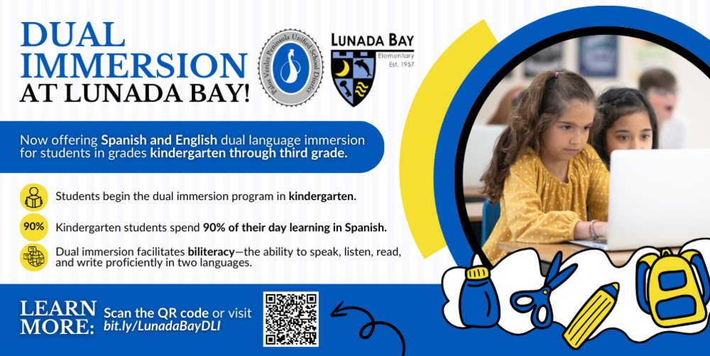 Promotional graphic for a dual language immersion program for kindergarten to third grade.