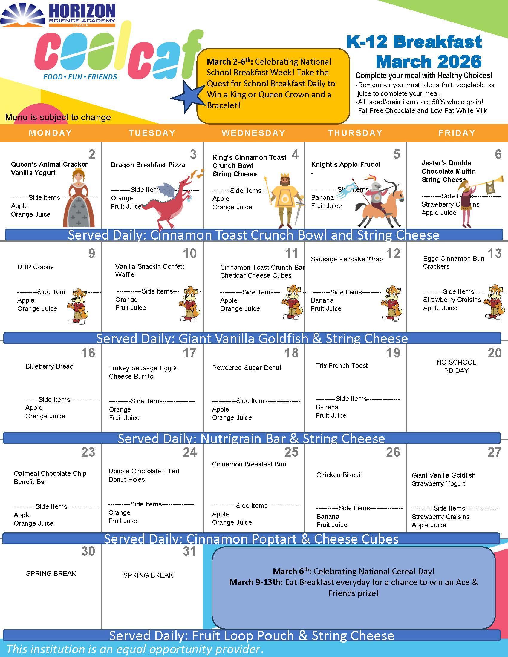 HSA West Breakfast Menu March 2026