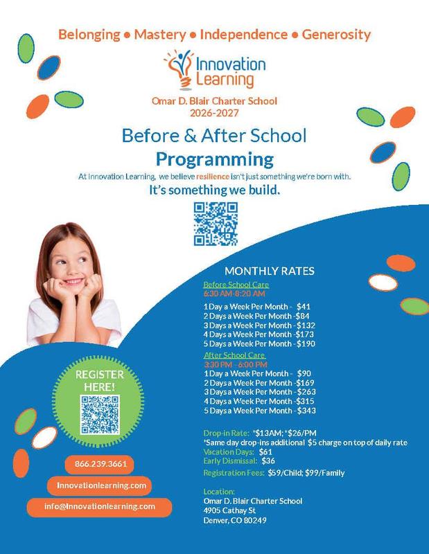 Colorful flyer detailing before and after school programs, featuring a smiling girl.