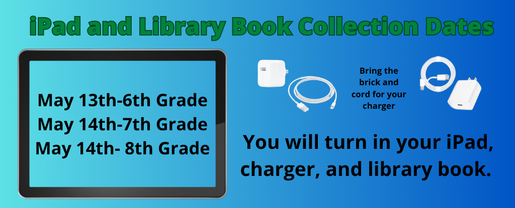 Announcement of iPad and library book collection dates with related images.