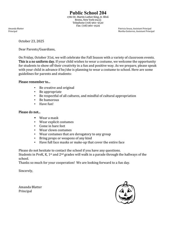 Halloween parent letter