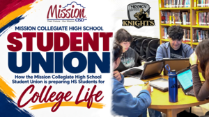 Graphic with text promoting student union and group photo of studying students