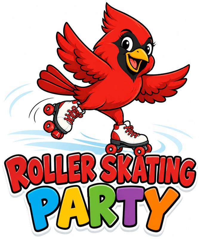 A cartoon red bird roller skating with the text 'ROLLER SKATING PARTY' in colorful letters.