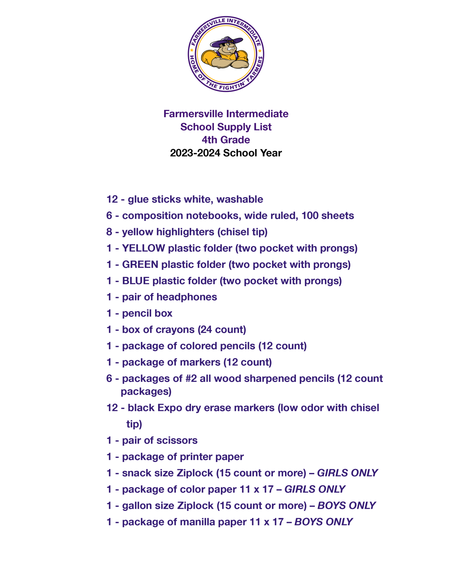 School Supply Lists for Farmersville ISD Parents & Students