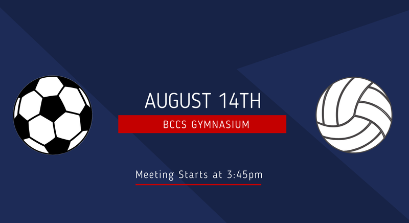 Flyer for soccer and volleyball with information about a meeting