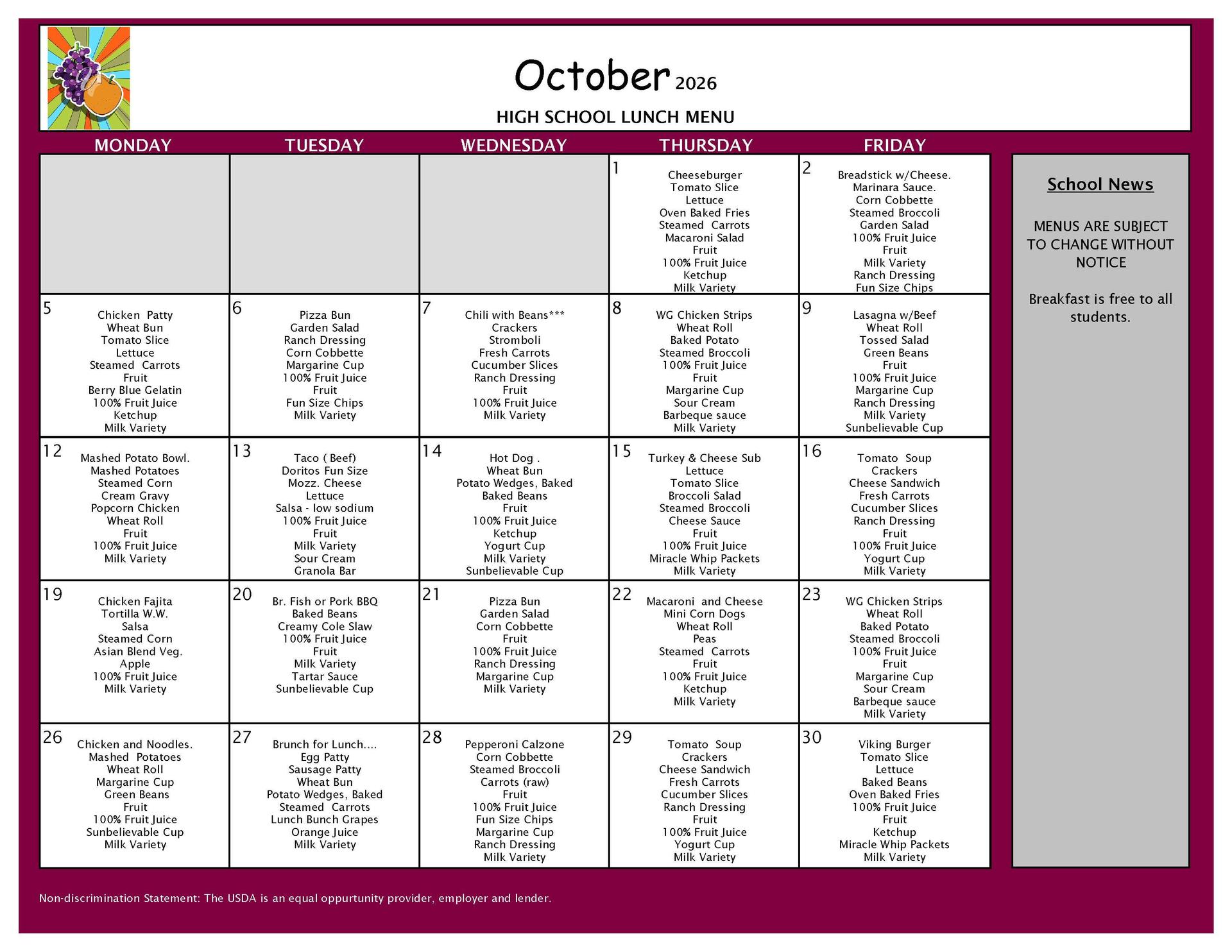 Oct. Lunch Menu 9-12