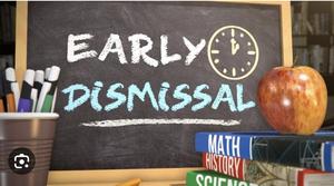 Chalkboard with 'Early Dismissal' text, an apple, and colorful textbooks.