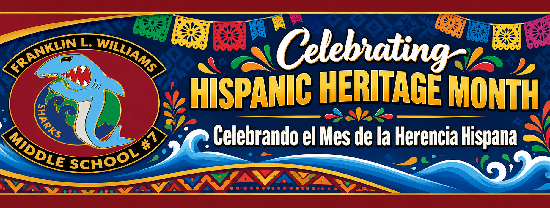 Banner celebrating Hispanic Heritage Month with colorful decorations and text.