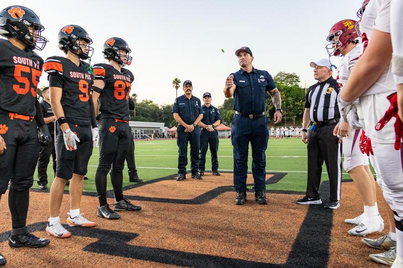 Local first responders led the coin toss during the SPHS varsity football game on September 11, 2026. (Photo Courtesy of Mac Shropshire)