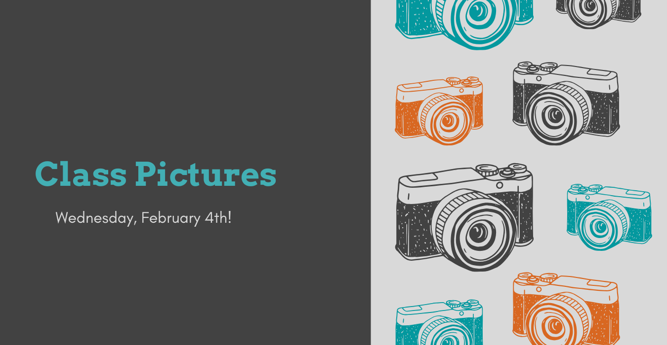 A collage of illustrated cameras in various colors, next to text announcing class pictures.
