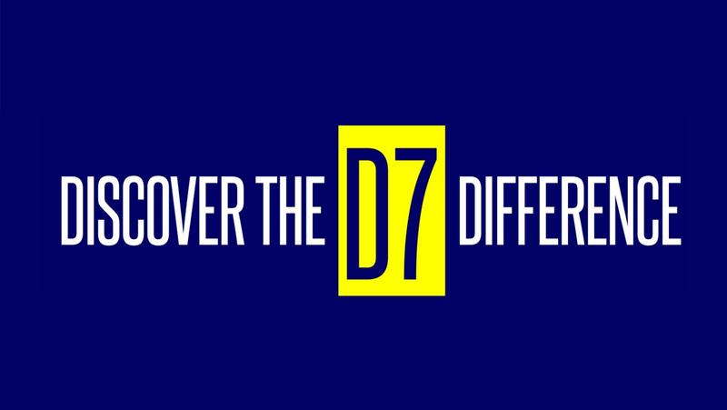Bold text on a blue background stating 'Discover the D7 Difference'.