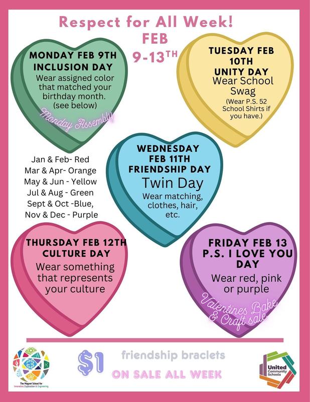 Candy hearts with respect for all week activities - English