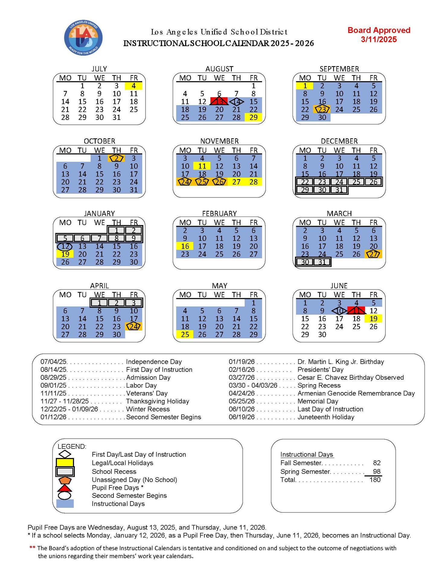 Instructional calendar