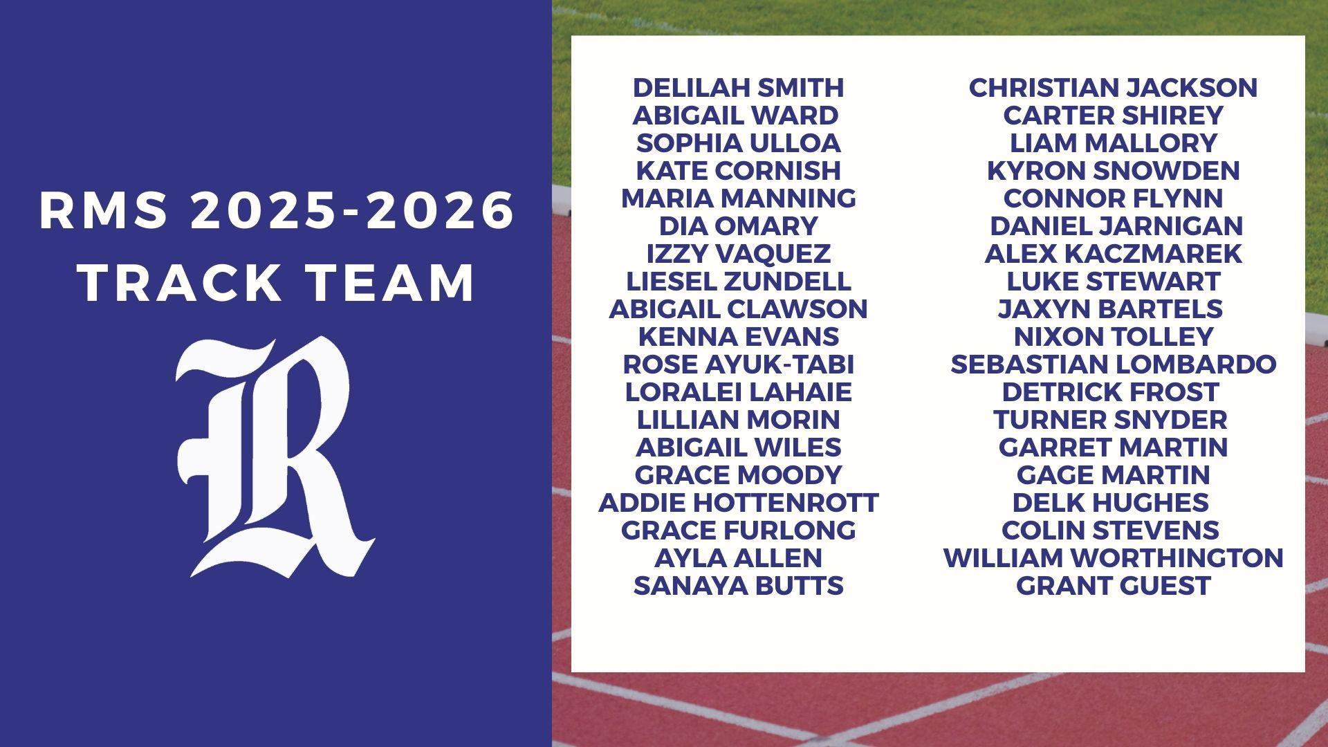 Track team roster for RMS 2025-2026 with athletes' names listed.