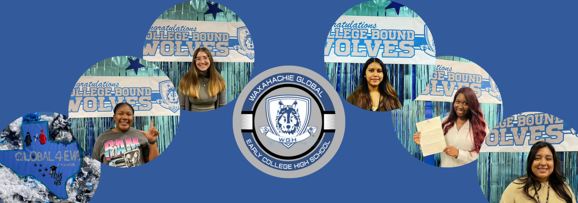 collage of teen girls standing before a banner that reads congrats college bound wolves