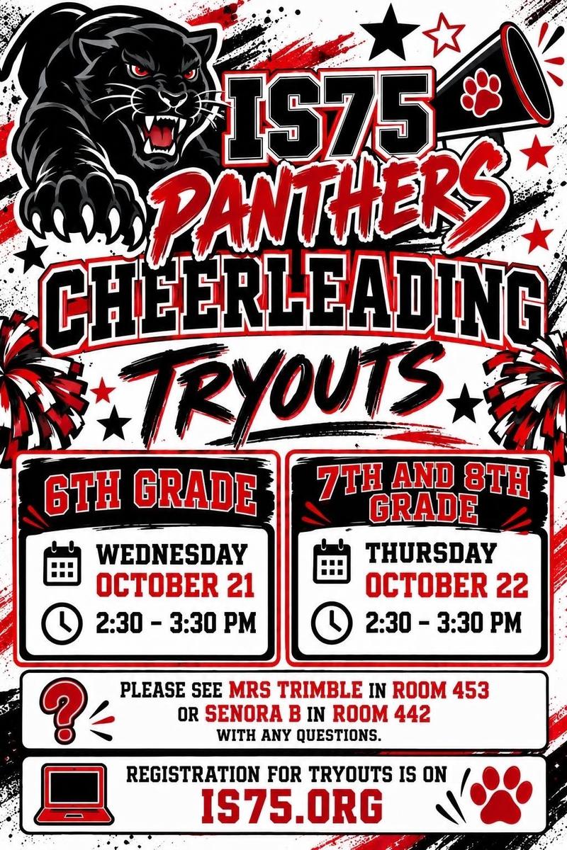 Tryouts will be  Wednesday, October 21 and Thursday, October 22.