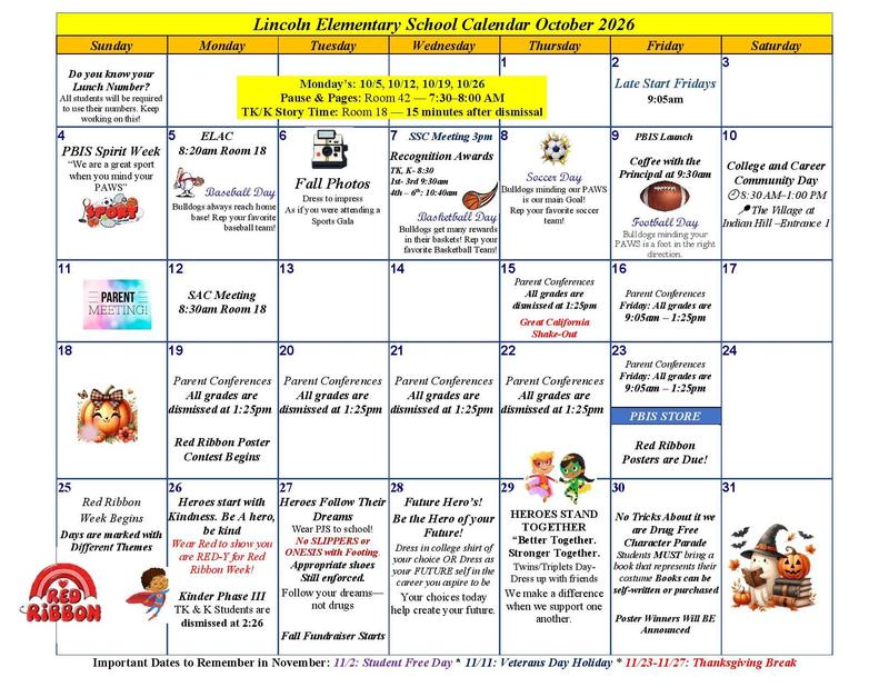 Lincoln Elementary School Calendar