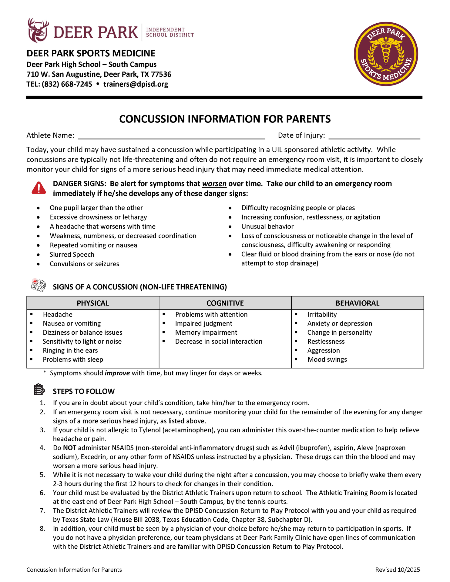 DPISD Concussion Information for Parents