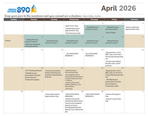 April 2026 calendar with events and holidays for a school schedule.