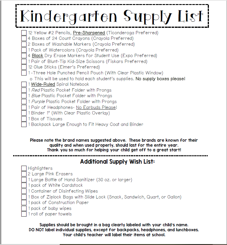 Supply List '22'23 Mallory Tice Walter Hill Elementary School