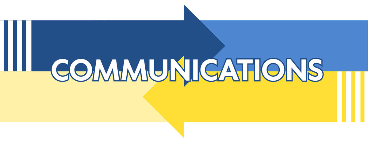 Bold text with a blue and yellow arrow design around the word 'COMMUNICATIONS'.